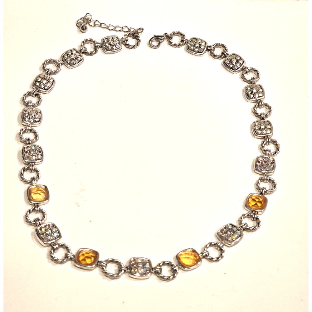 Necklace -Silver Tone Faux Citrine Yellow Orange and Glittery Links 19"